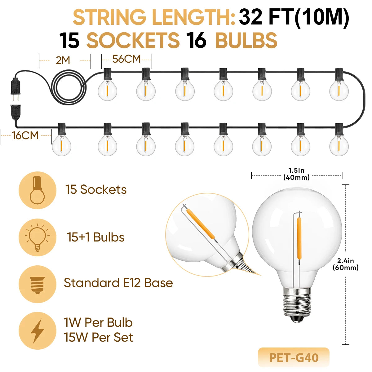 Shatterproof G40 Lights Garland 220V 110V Led String Light E12 Waterproof Connectable Outdoor Backyard Christmas Light Decor
