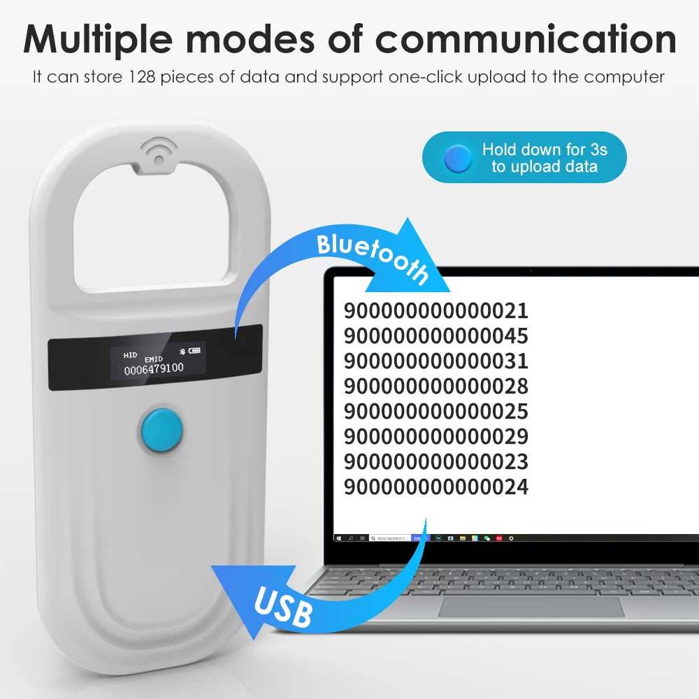 Handheld 134.2KHz 125kHz Animal RFID Reader Pet Cat Dog Microchip Scanner FDX-B Glass Chip USB/Bluetooth Tag Reader with Tags