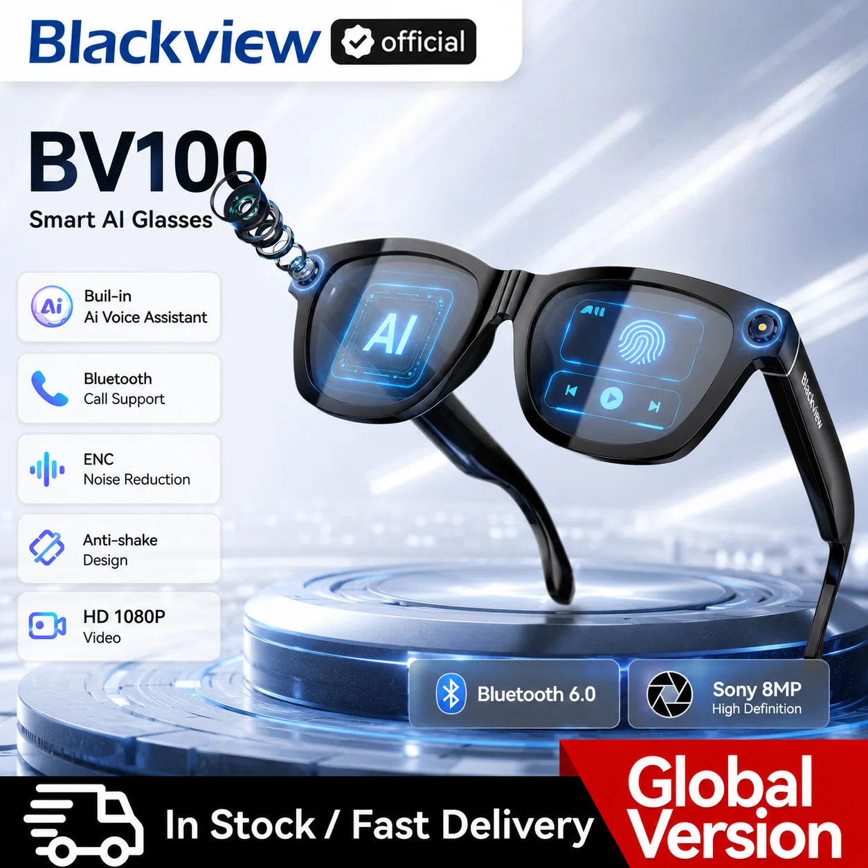 Blackview BV100 Smart Glasses, HD Camera,Bluetooth 5.4,220mAh Battery,Stereo Bass Speakers,Noise Cancelling Mic,Wear Detection