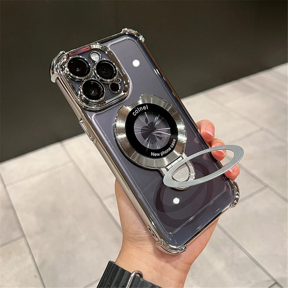 Luxury Plating Shockproof Magnetic Bracket For Magsafe Clear Case For iPhone 15 16 14 13 12 17 Pro Max With Holder Stand Cover